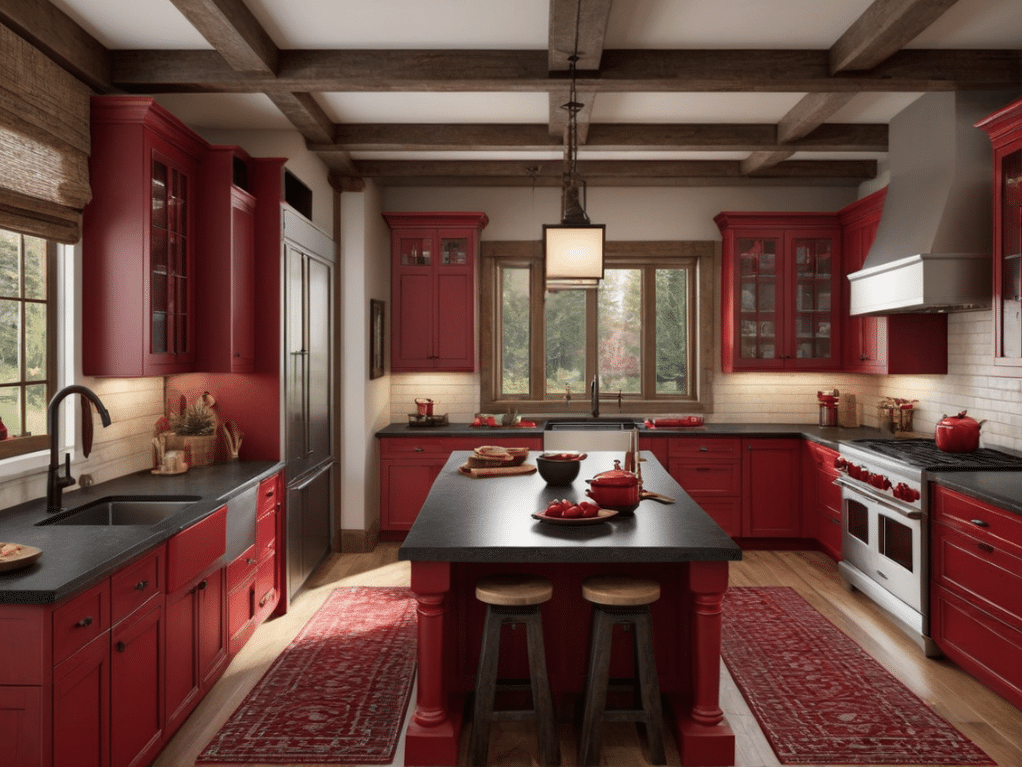 Using red in your rustic kitchen decor can be a bold move. Here are 32 kitchen decorating ideas using red as an accent color, wall color, island color, or main color.