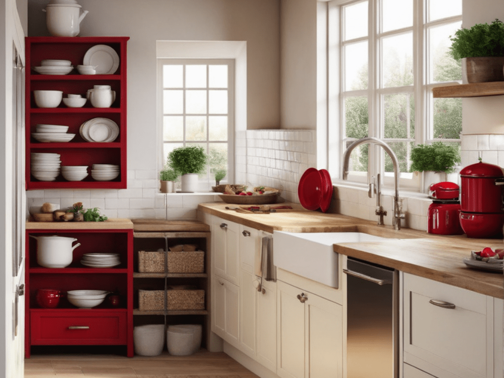 Using red in your rustic kitchen decor can be a bold move. Here are 32 kitchen decorating ideas using red as an accent color, wall color, island color, or main color.