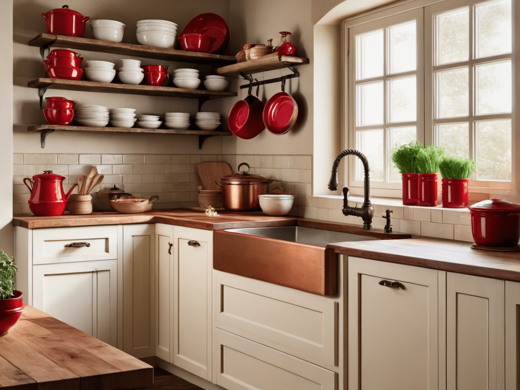 Using red in your rustic kitchen decor can be a bold move. Here are 32 kitchen decorating ideas using red as an accent color, wall color, island color, or main color.