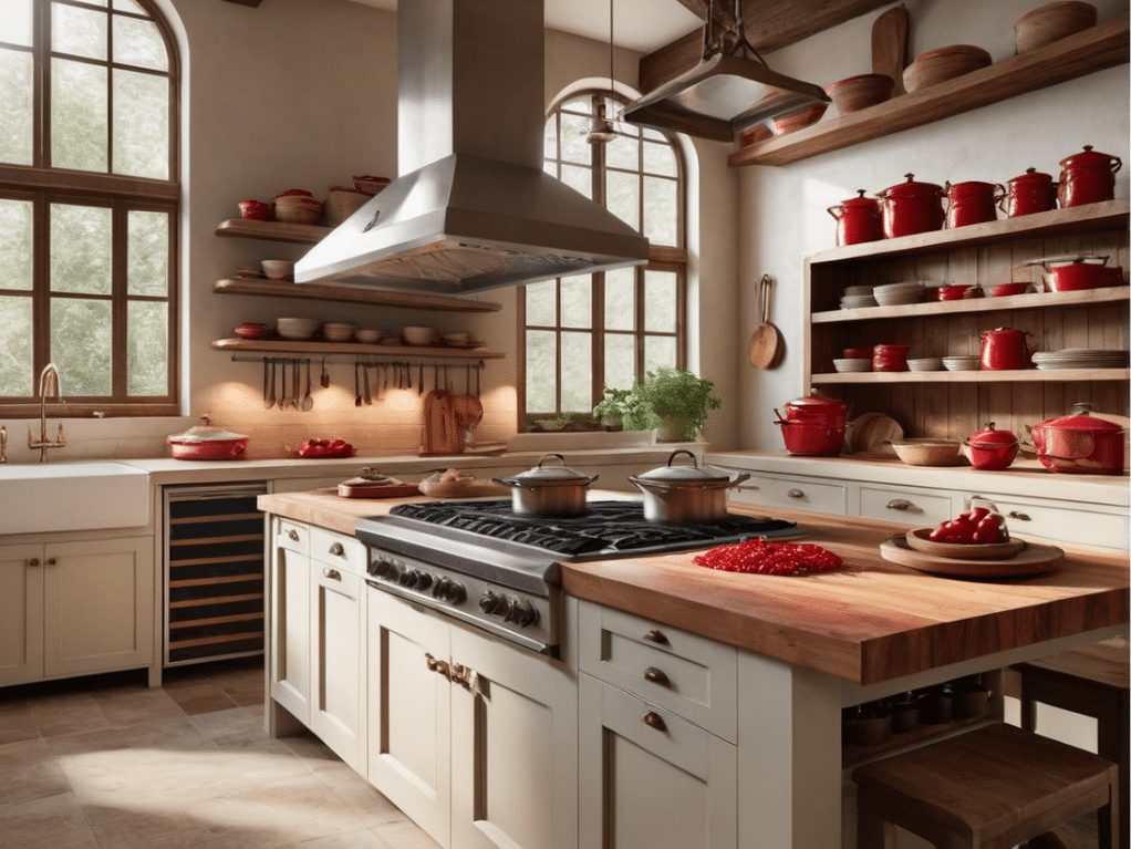 Using red in your rustic kitchen decor can be a bold move. Here are 32 kitchen decorating ideas using red as an accent color, wall color, island color, or main color.