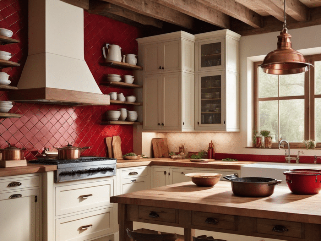 Using red in your rustic kitchen decor can be a bold move. Here are 32 kitchen decorating ideas using red as an accent color, wall color, island color, or main color.