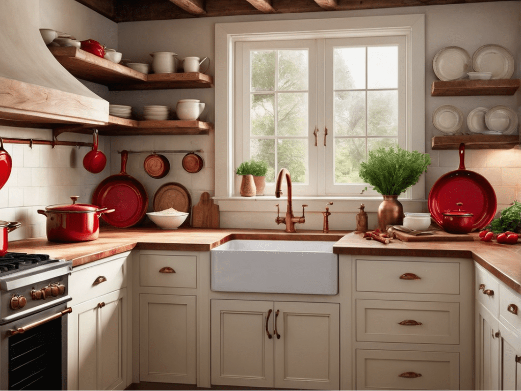 Using red in your rustic kitchen decor can be a bold move. Here are 32 kitchen decorating ideas using red as an accent color, wall color, island color, or main color.