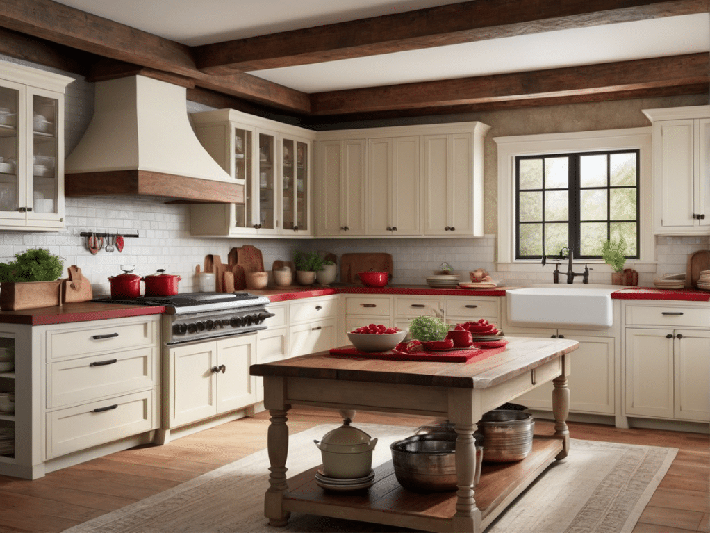 Using red in your rustic kitchen decor can be a bold move. Here are 32 kitchen decorating ideas using red as an accent color, wall color, island color, or main color.