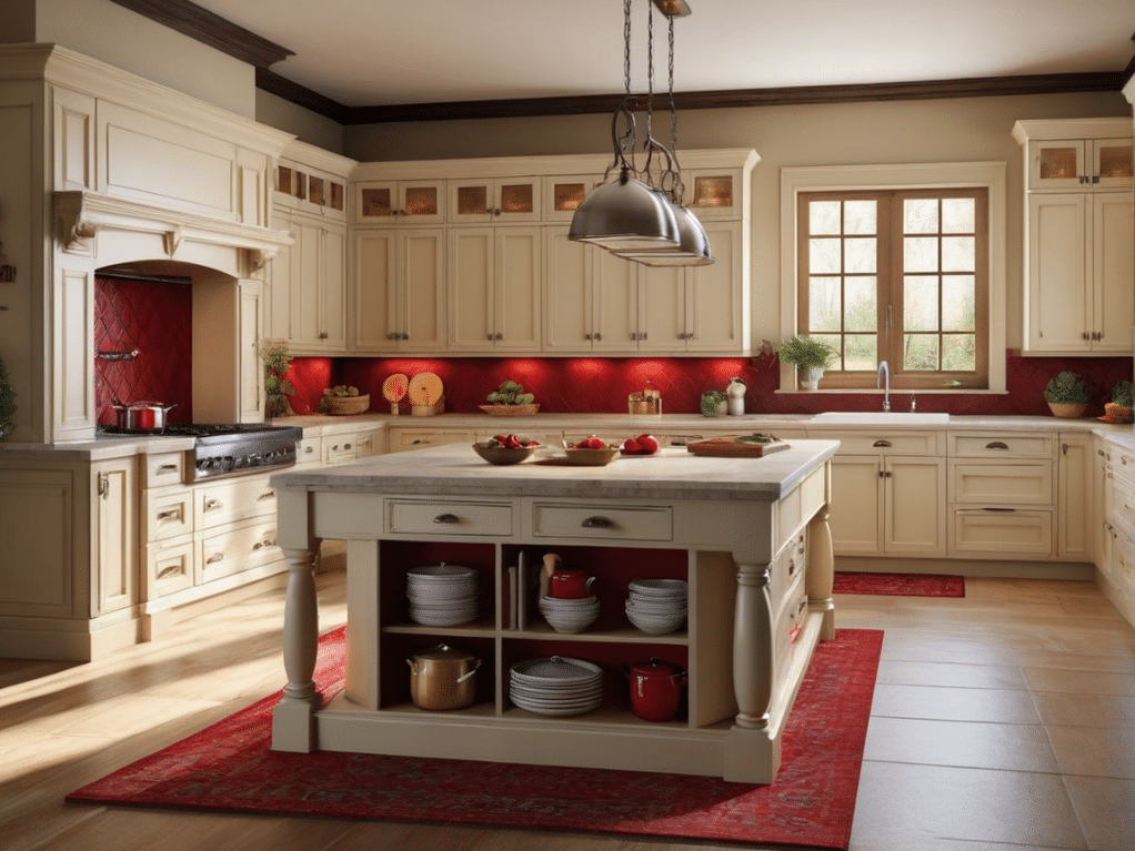 Using red in your rustic kitchen decor can be a bold move. Here are 32 kitchen decorating ideas using red as an accent color, wall color, island color, or main color.