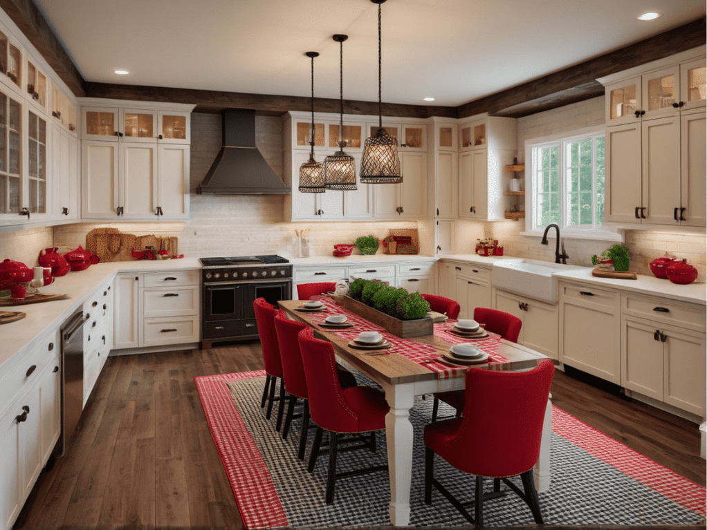 Using red in your rustic kitchen decor can be a bold move. Here are 32 kitchen decorating ideas using red as an accent color, wall color, island color, or main color.