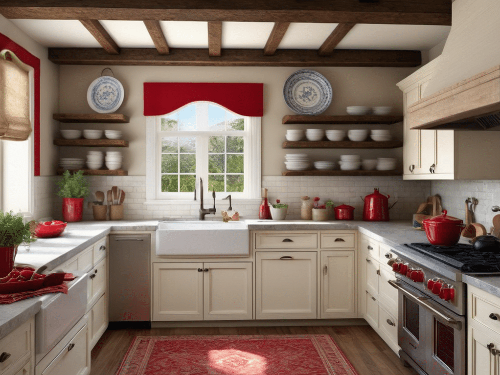 Using red in your rustic kitchen decor can be a bold move. Here are 32 kitchen decorating ideas using red as an accent color, wall color, island color, or main color.