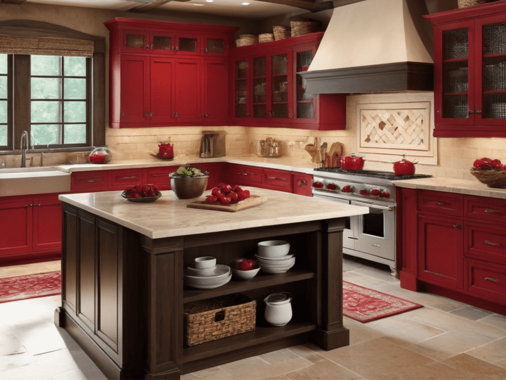 Using red in your rustic kitchen decor can be a bold move. Here are 32 kitchen decorating ideas using red as an accent color, wall color, island color, or main color.