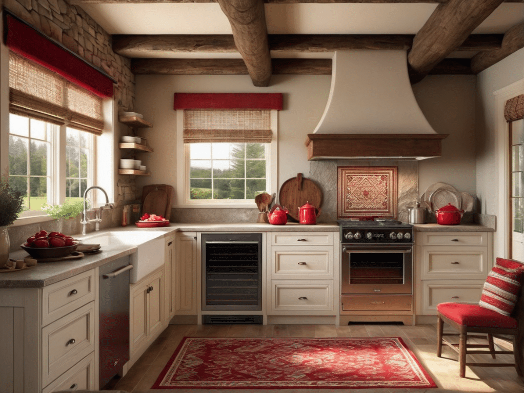 Using red in your rustic kitchen decor can be a bold move. Here are 32 kitchen decorating ideas using red as an accent color, wall color, island color, or main color.