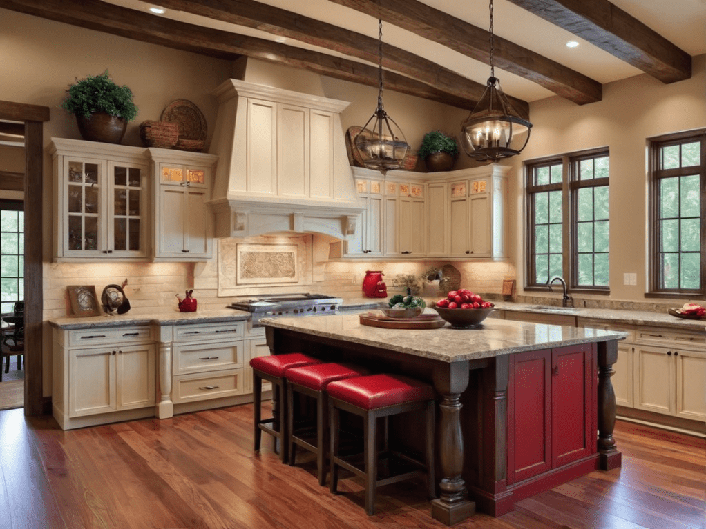 Using red in your rustic kitchen decor can be a bold move. Here are 32 kitchen decorating ideas using red as an accent color, wall color, island color, or main color.