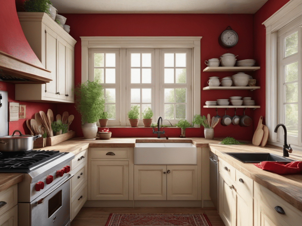 Using red in your rustic kitchen decor can be a bold move. Here are 32 kitchen decorating ideas using red as an accent color, wall color, island color, or main color.