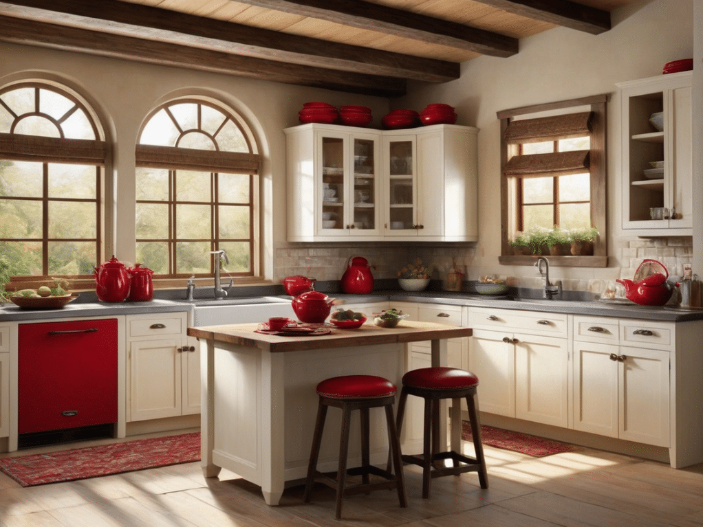 Using red in your rustic kitchen decor can be a bold move. Here are 32 kitchen decorating ideas using red as an accent color, wall color, island color, or main color.