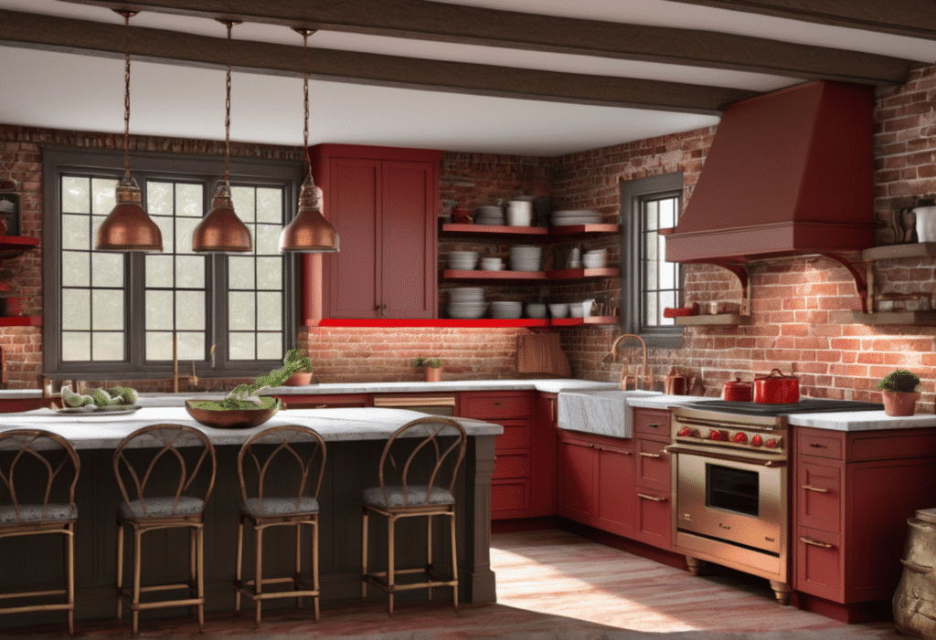 red kitchen decor farmhouse aesthetic red wall