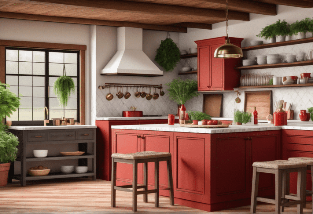 red kitchen decor farmhouse kitchen island aesthetic