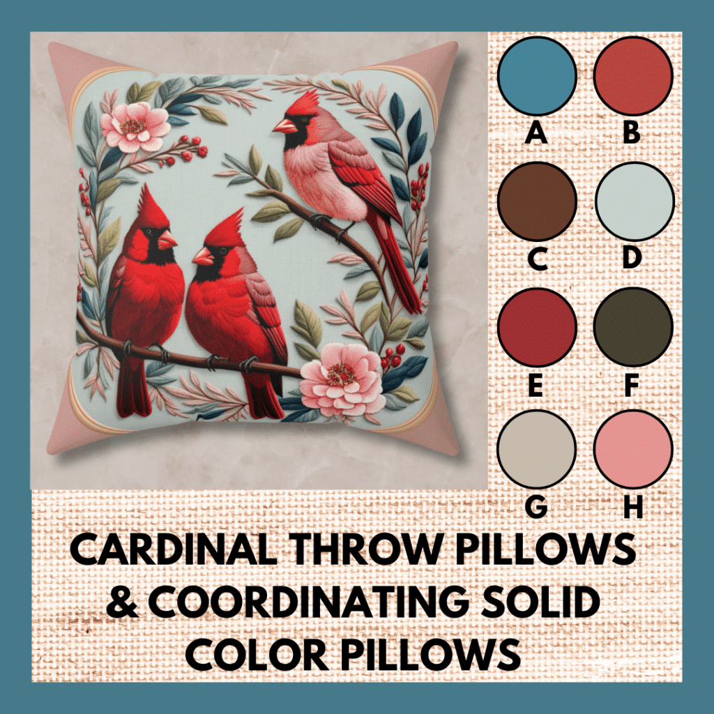 Farmhouse style granny chic cottage aesthetic cardinal throw pillows and coordinating color solids!