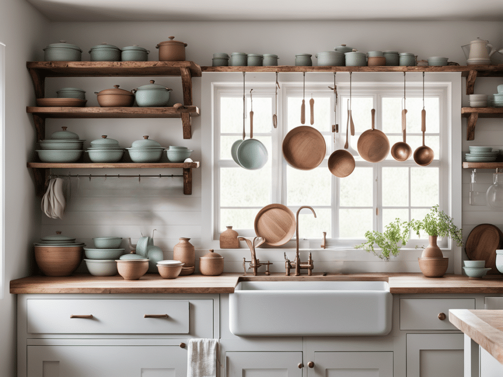 creative ways to use open shelves in a farmhouse kitchen