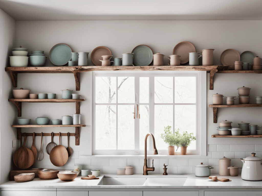 creative ways to use open shelves in a farmhouse kitchen