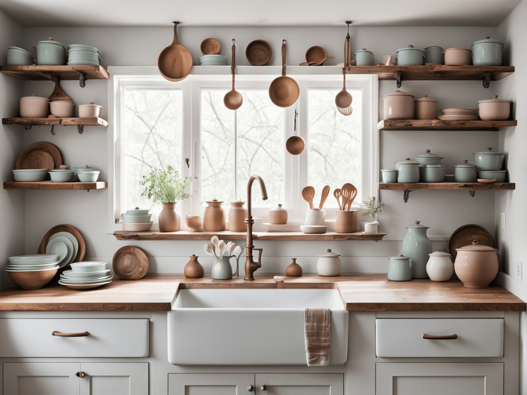 creative ways to use open shelves in a farmhouse kitchen