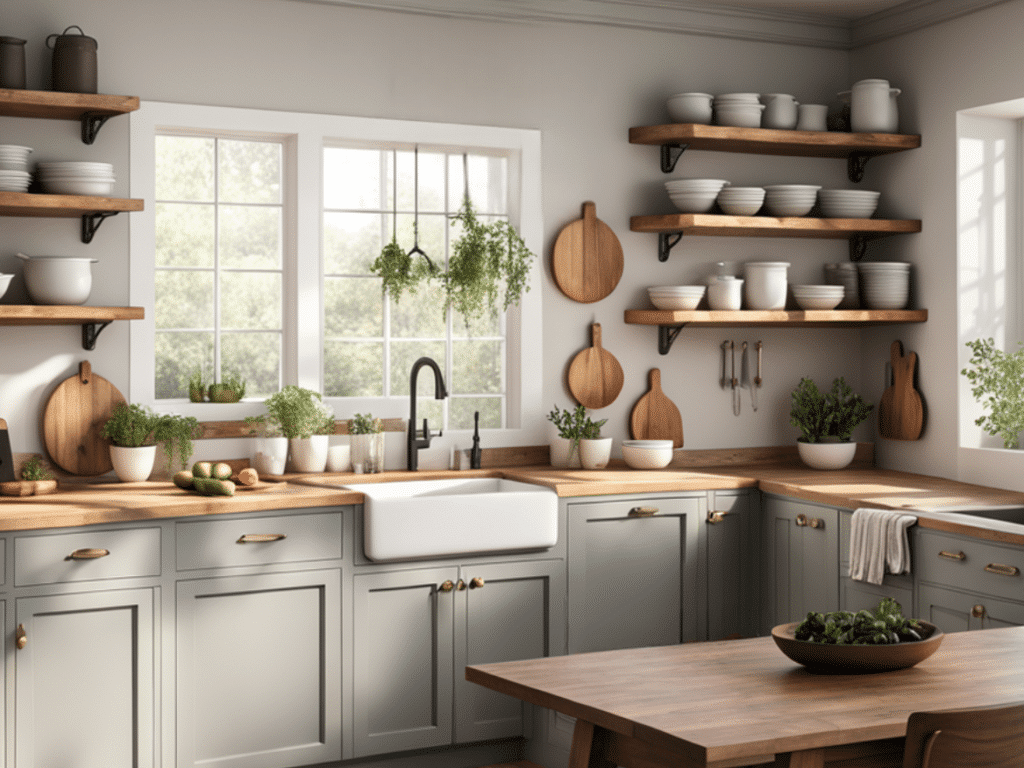 creative ways to use open shelves in a farmhouse kitchen