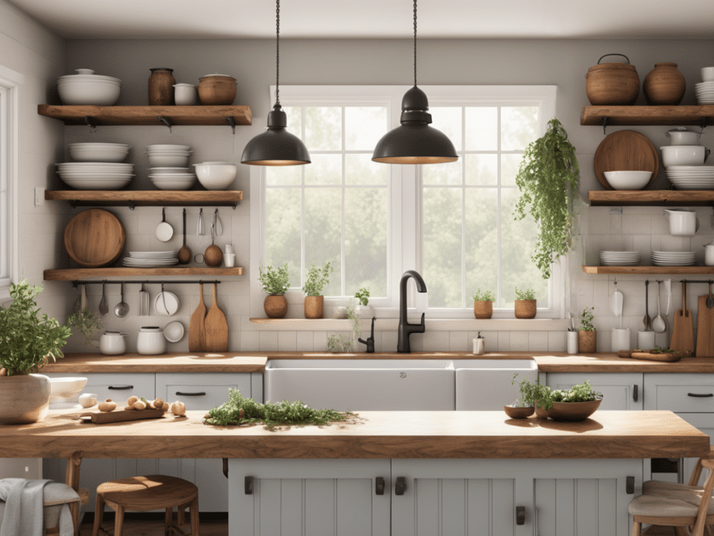 creative ways to use open shelves in a farmhouse kitchen