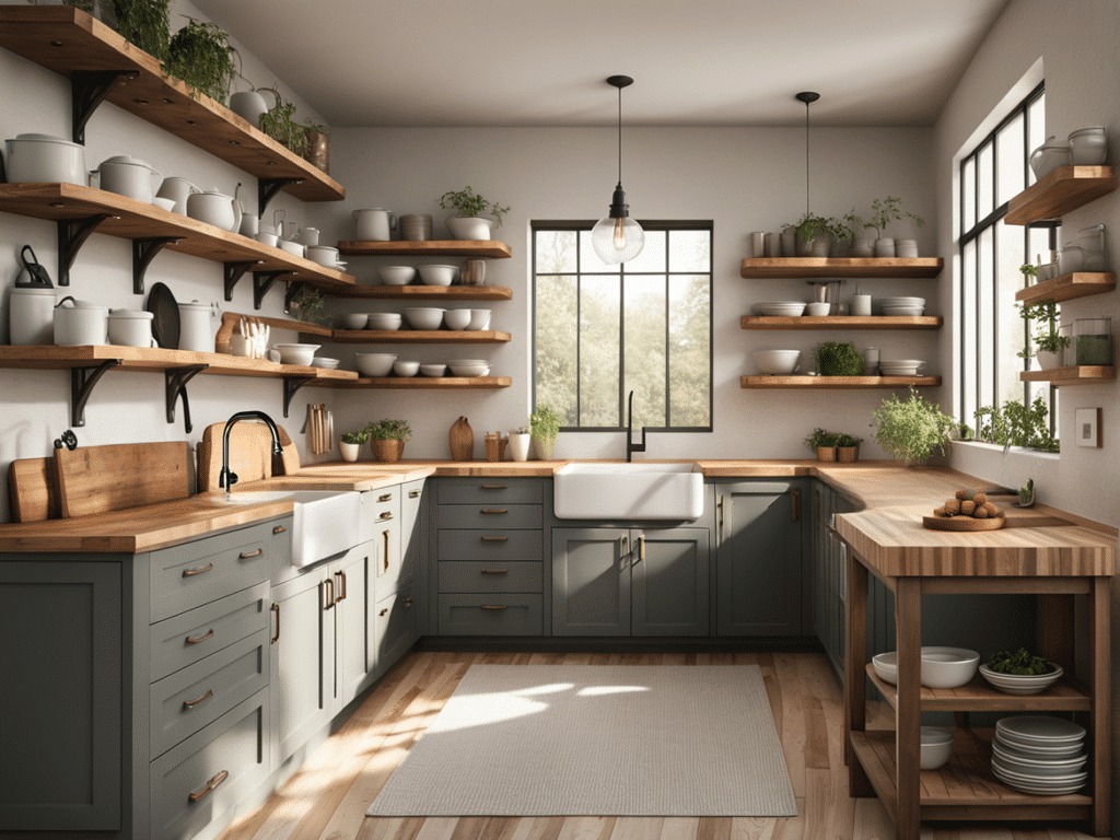 creative ways to use open shelves in a farmhouse kitchen