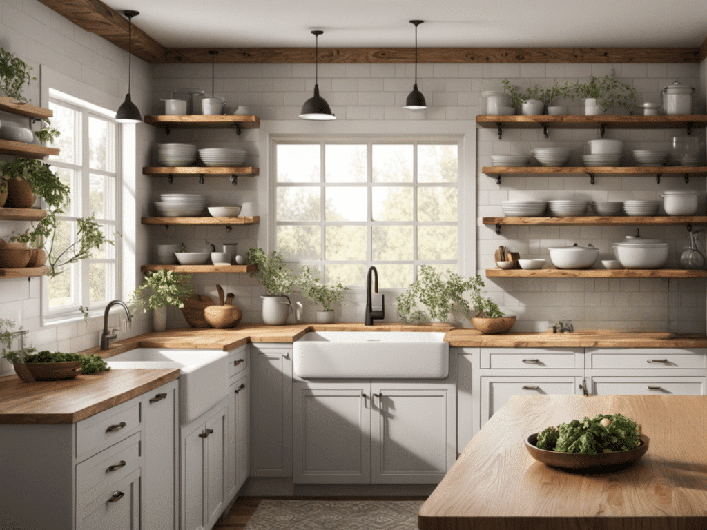 creative ways to use open shelves in a farmhouse kitchen