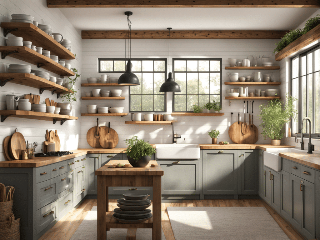 creative ways to use open shelves in a farmhouse kitchen