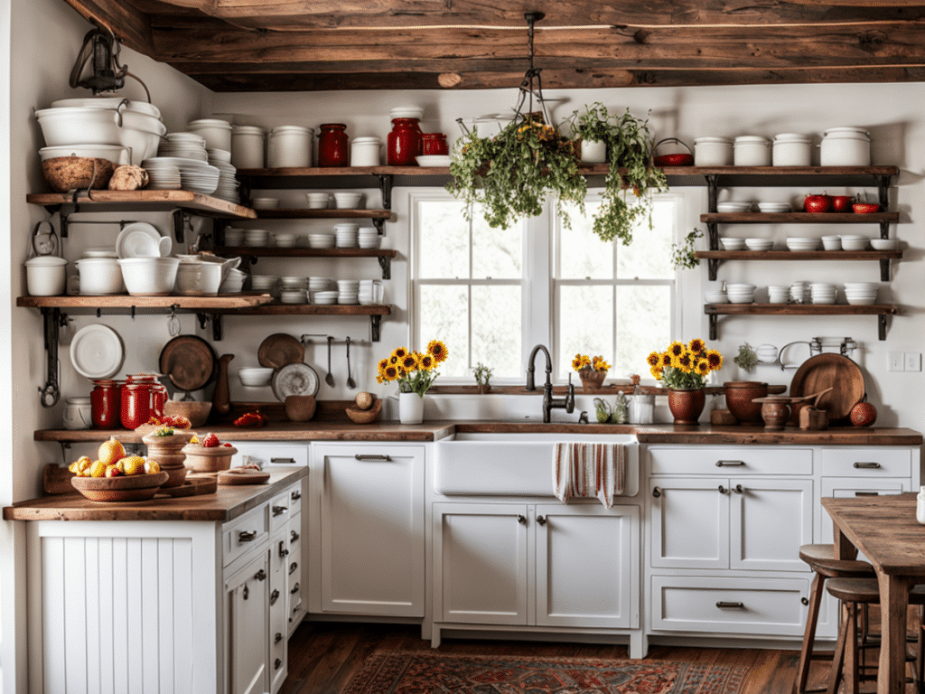 creative ways to use open shelves in a farmhouse kitchen