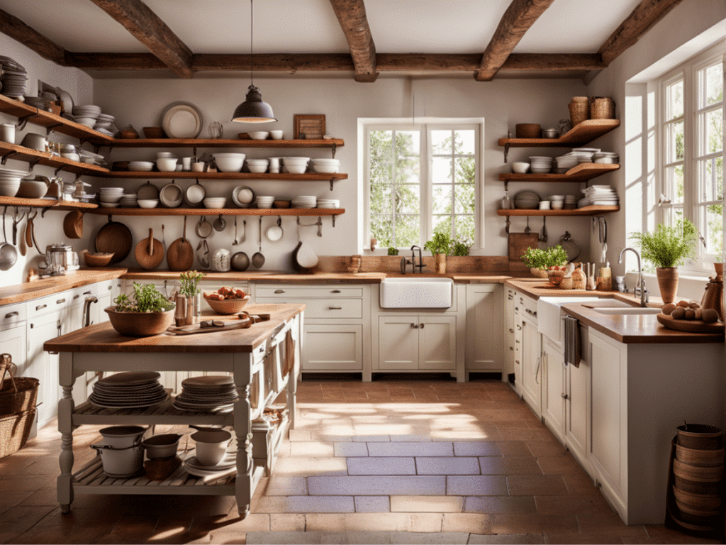 creative ways to use open shelves in a farmhouse kitchen