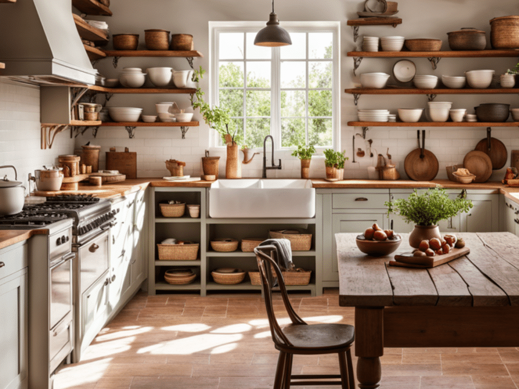 creative ways to use open shelves in a farmhouse kitchen