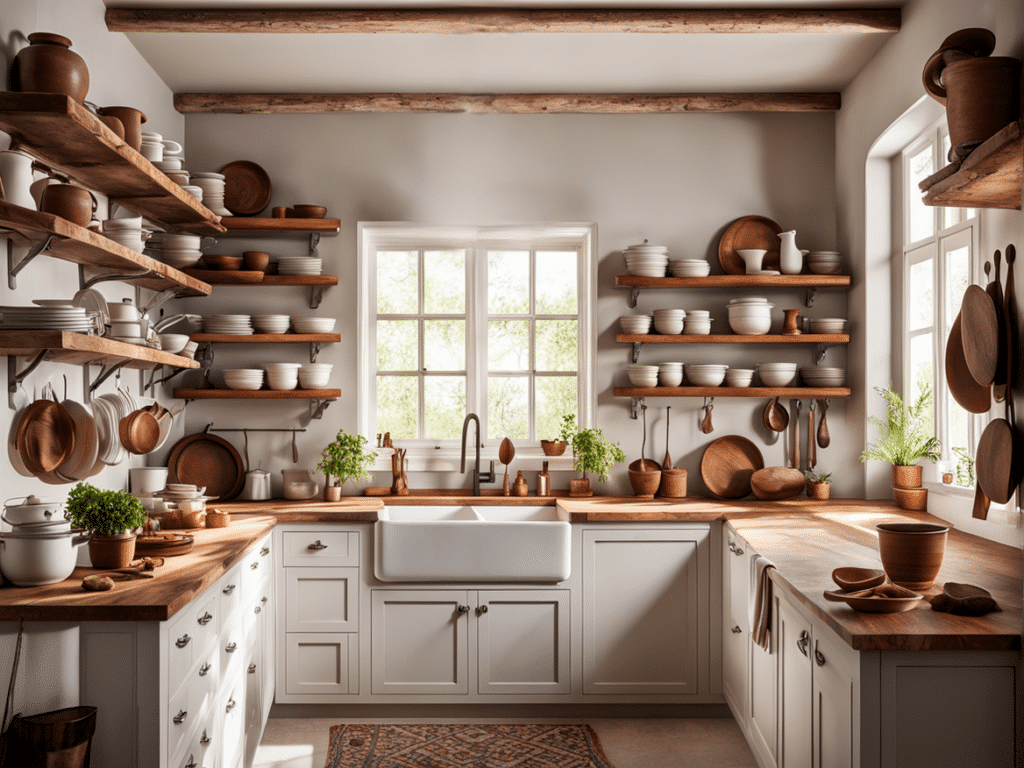 creative ways to use open shelves in a farmhouse kitchen