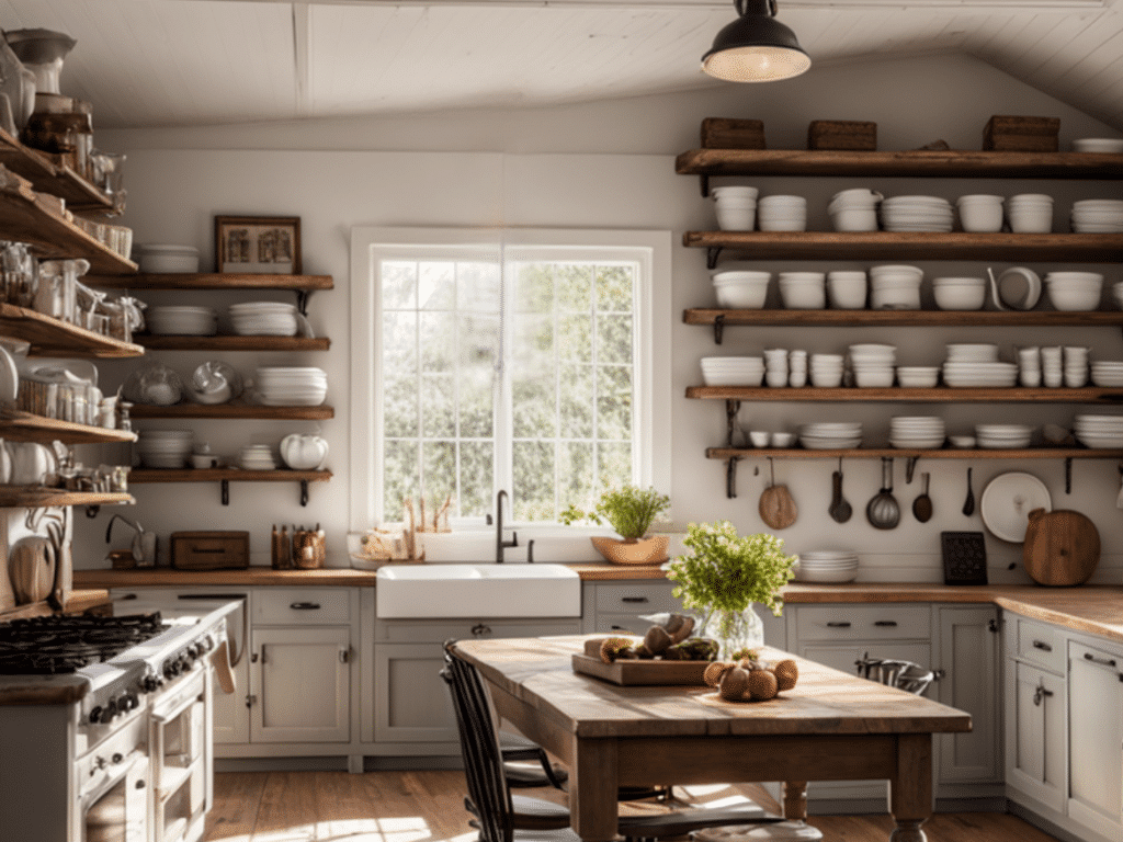 creative ways to use open shelves in a farmhouse kitchen