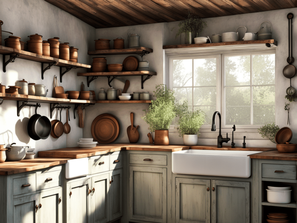 creative ways to use open shelves in a farmhouse kitchen