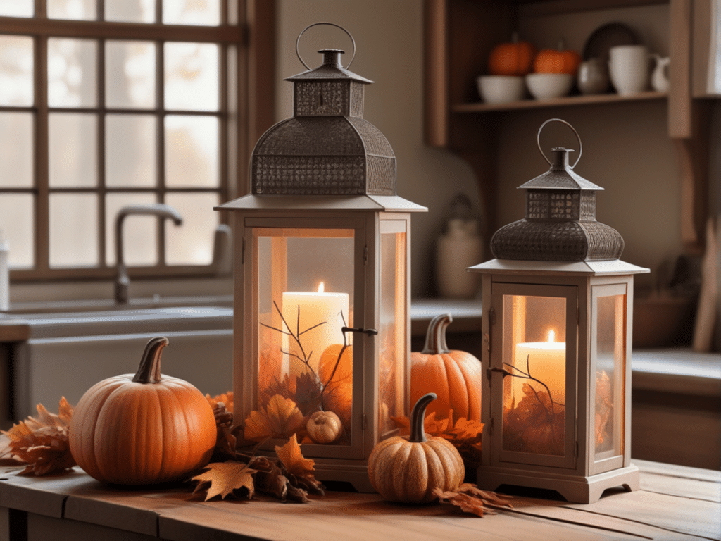 farmhouse fall centerpiece ideas - vintage lanterns with seasonal foliage