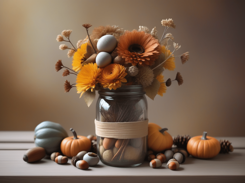 rustic farmhouse fall centerpiece ideas - seasonal flower with acorns and leaves