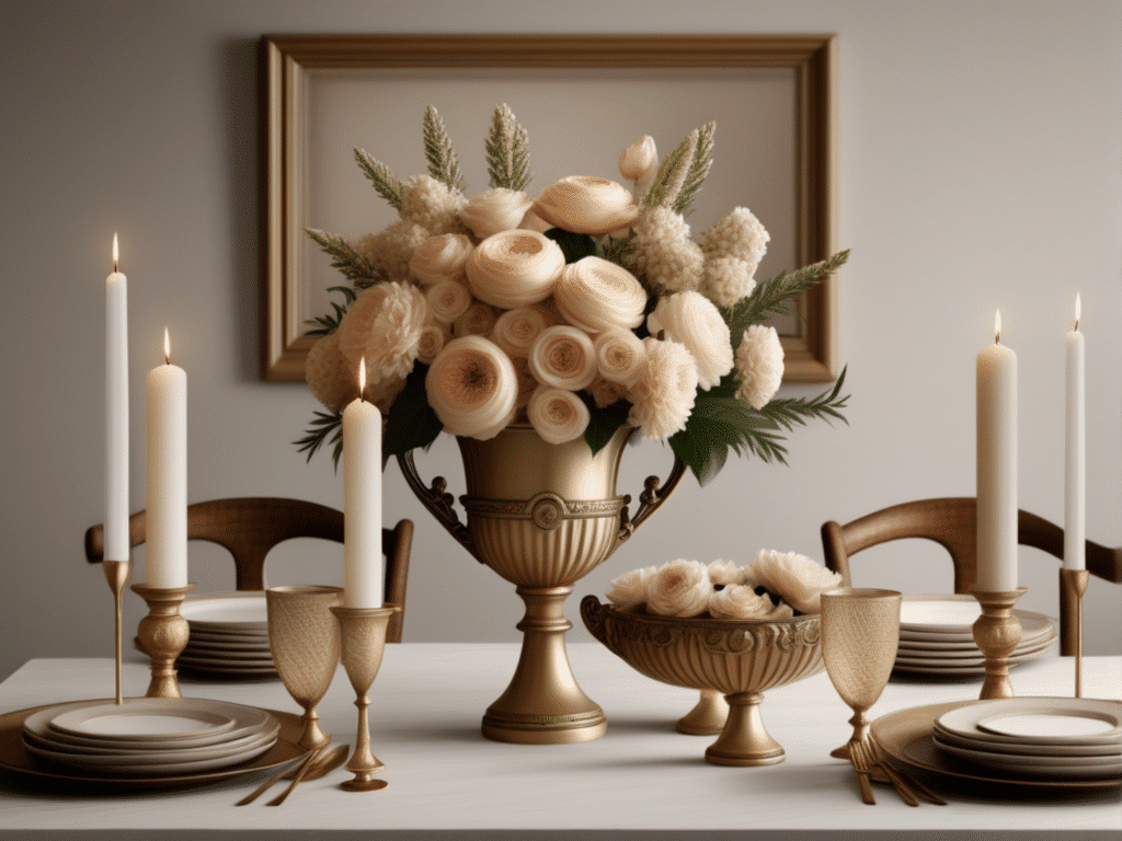 farmhouse fall centerpiece ideas - vintage trophies with seasonal blooms