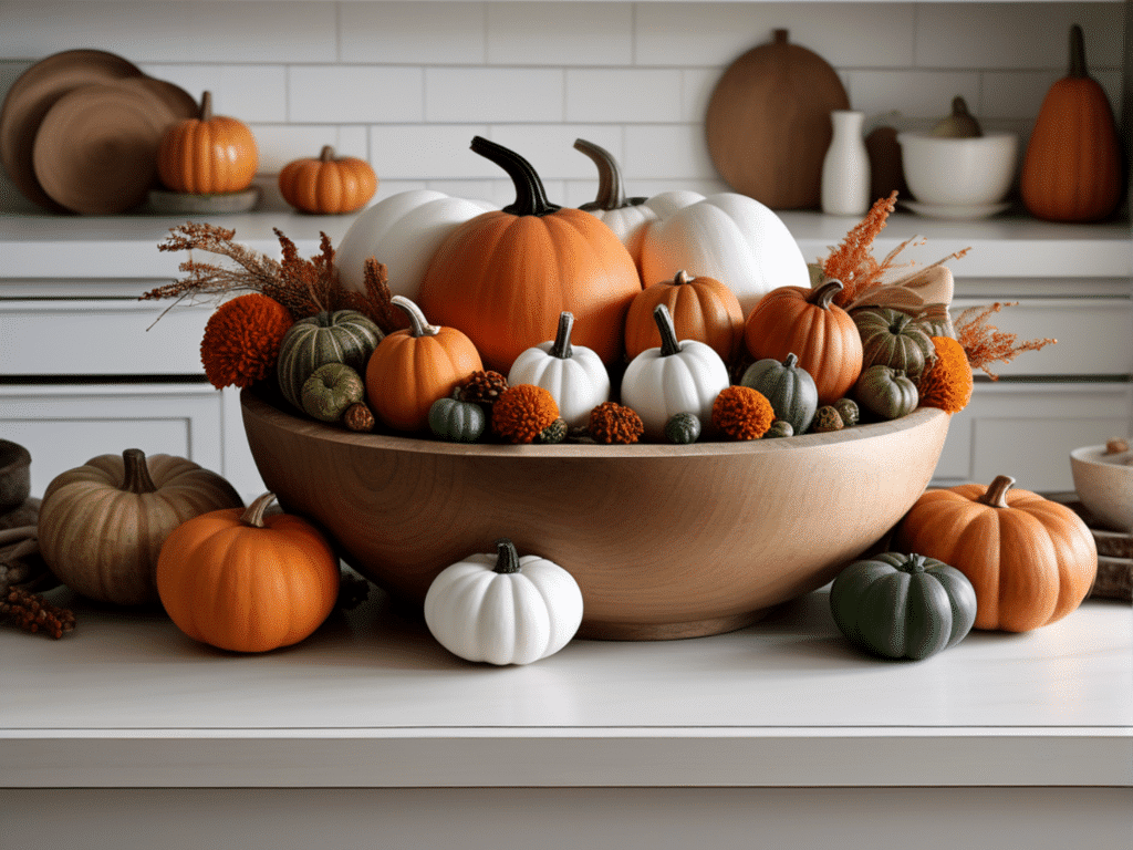 farmhouse fall centerpiece ideas - rustic wooden bowl with gourds and small pumpkins