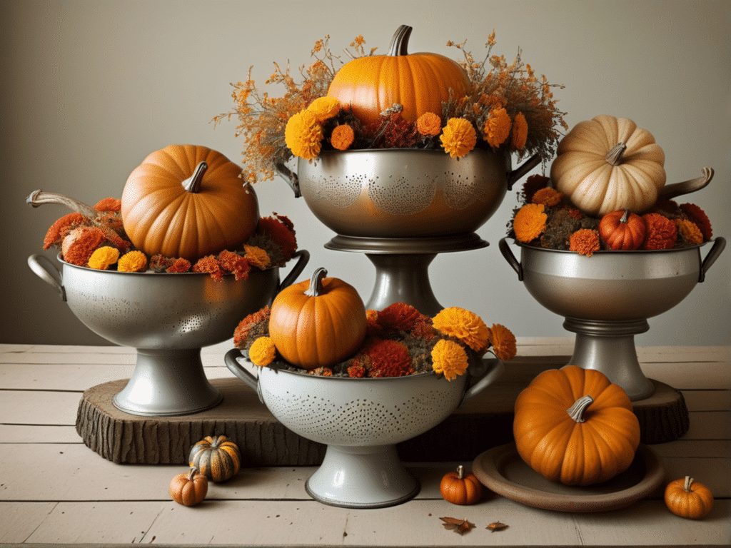 farmhouse fall centerpiece ideas - tiered collanders with pumpkins