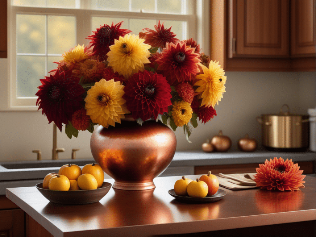 farmhouse fall centerpiece ideas - copper vessel with dahlias and chrysanthemums in red and yellow