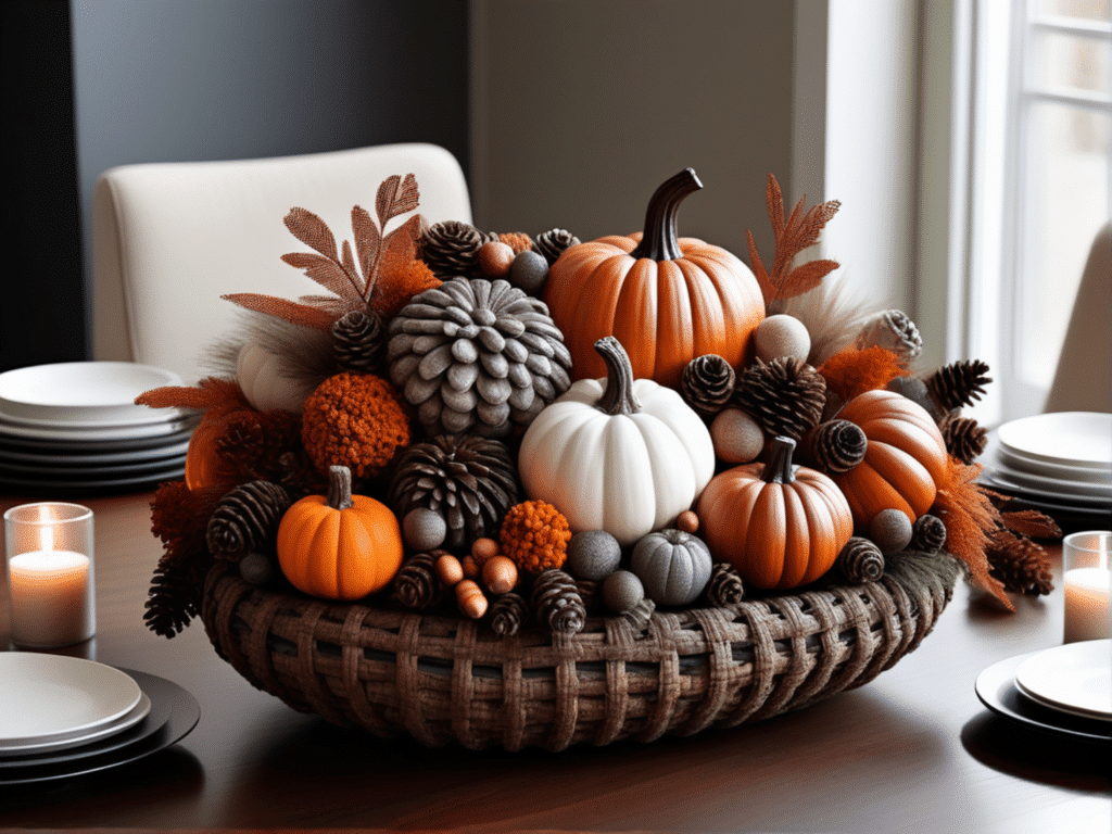 farmhouse fall centerpiece ideas - woven pumpkin basket