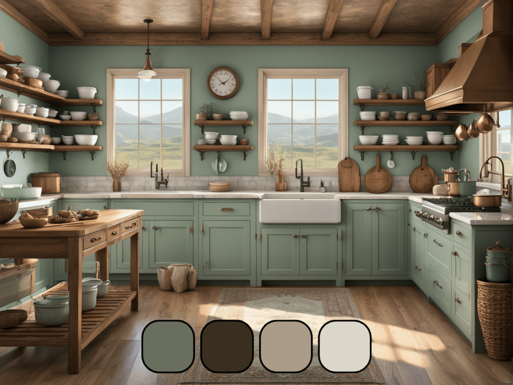 farmhouse kitchen color palettes sage green and neutrals