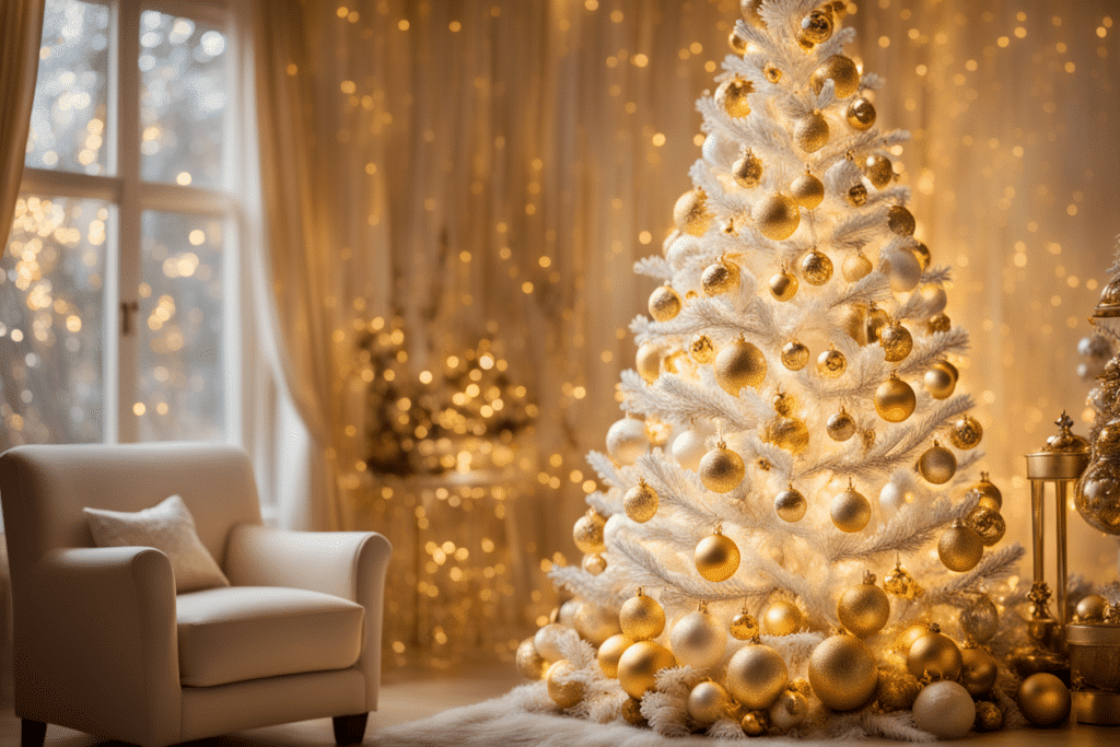 white and gold Christmas tree decorations ideas