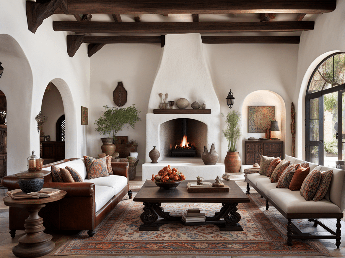 Spanish Colonial interior design living room with white plaster walls and dark wood beams