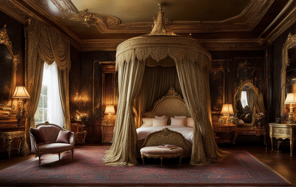 luxurious-victorian-bedroom-bed-with-an-ornate-canopy-and-piles-of-silk-pillows-hidden-door