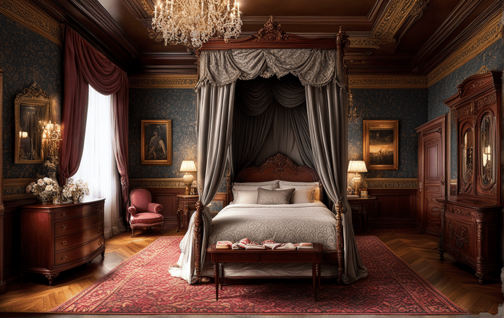 victorian-bedroom-epitomizing-opulence-with-a-secret-door-seamlessly-blended-into-the-ornate-wallpaper