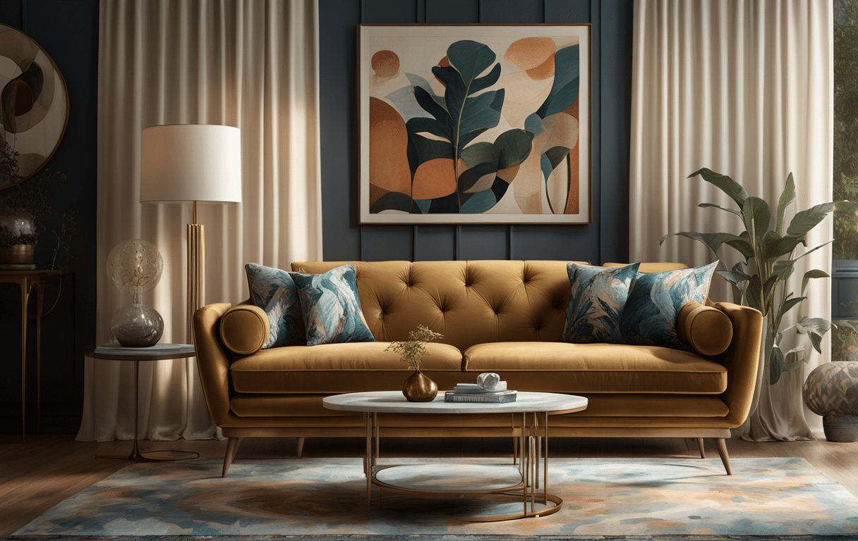 mid-century modern living room with vintage sofa and lighting