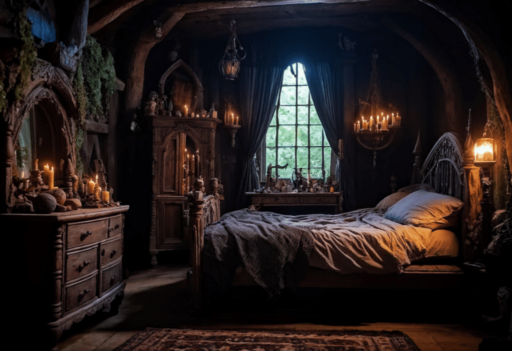 cozy magical dark witchy cottagecore bedroom witch cottage