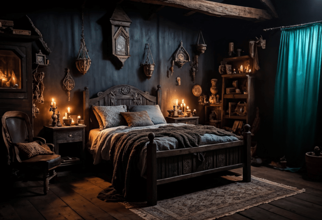 moody dark witchy cottagecore bedroom witch cottage