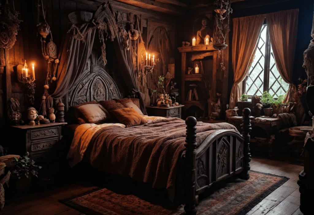 moody dark witchy cottagecore bedroom