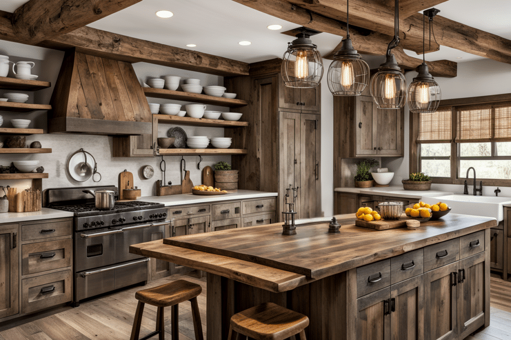 modern rustic interior design kitchen island and dining room