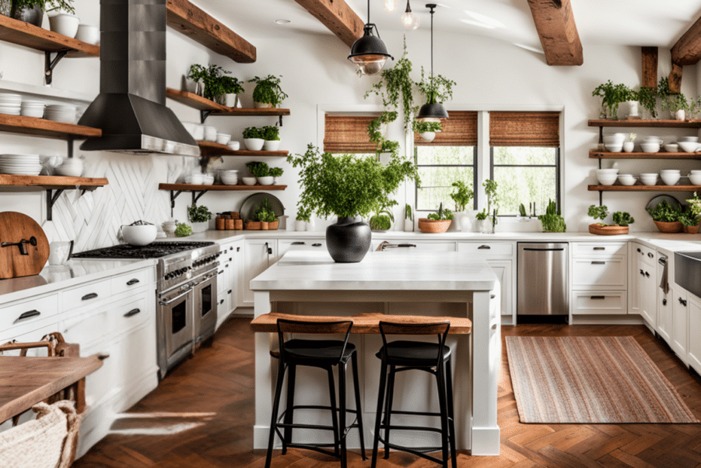 modern rustic interior design white kitchen island and dining room